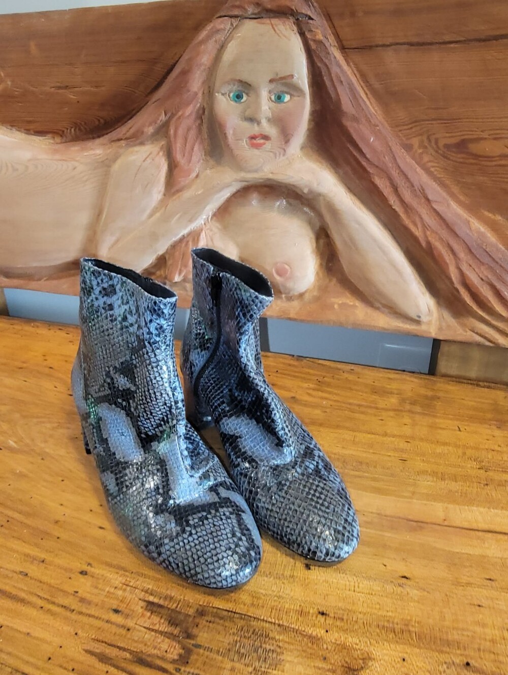 Renvy Jude Snake-Print Leather Ankle Boots in Blue, Black and Gray Size 37 (6.5)